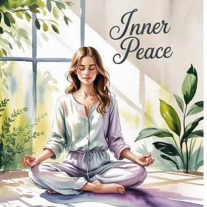 Mindful living practices illustration of a woman meditating in sunlight with plants around her, symbolizing inner peace and reduced stress.