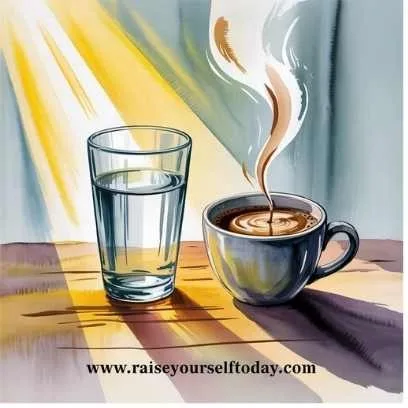 Cup of coffee and glass of water in morning light, illustrating mindful hydration and calm start to the day.