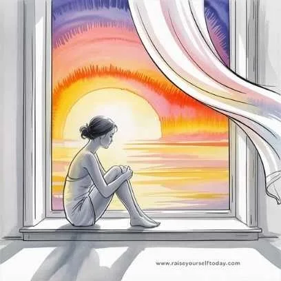 Woman sitting peacefully by the window at sunrise, practicing reflection and gratitude as part of morning habits of happy people.