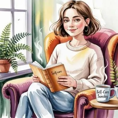 A young woman practicing real self-care habits, reading a book in a cozy chair with a “Self-Care Sunday” mug, surrounded by houseplants and natural light.