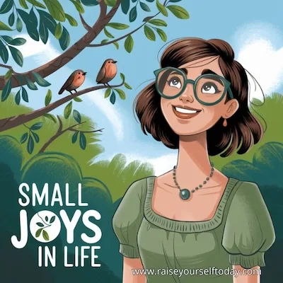 A woman smiling look up two birds singing on the trees. with text in quirky fonts : small joys in life