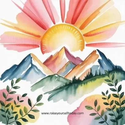 Watercolor sunrise over mountains symbolizing positivity and mindful morning habits of happy people.