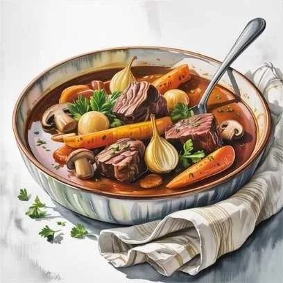 AI meal planning dinner idea with a hearty beef stew, carrots, mushrooms, and herbs, showing comfort food made simple and stress-free.