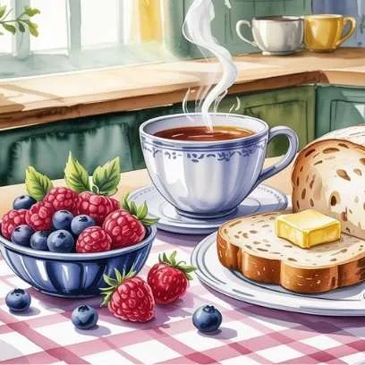AI meal planning breakfast idea with fresh bread, butter, berries, and a steaming cup of tea, showing a simple and balanced start to the day.