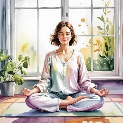 Illustration of AI morning routine steps : A woman meditating in a peaceful setting, surrounded by soft morning light and floral decor.