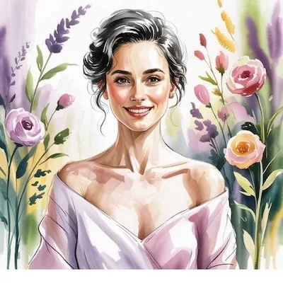 A serene watercolor portrait of a woman smiling confidently, symbolizing the benefits of self-care and a well-curated skincare routine enhanced by AI skincare advice.