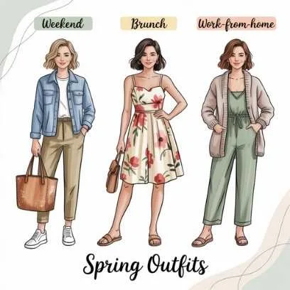 Mindful spring fashion outfit ideas with sustainable looks for weekend wear, floral brunch style, and cozy work-from-home outfits, embracing eco-conscious fashion.