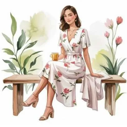 Mindful spring fashion garden brunch outfit with an eco-friendly white floral wrap dress, styled for a sustainable and fresh seasonal look.