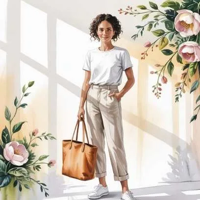 Mindful spring fashion weekend outfit featuring a sustainable look with a white T-shirt, beige trousers, sneakers, and a tan tote bag for relaxed style.