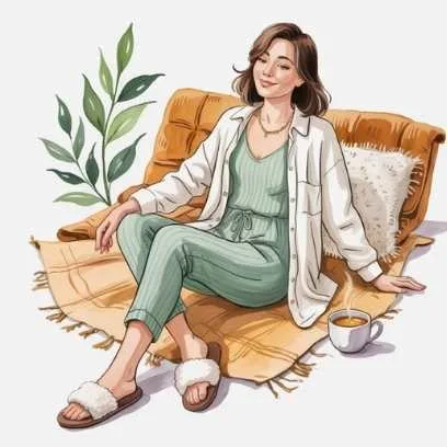 Mindful spring fashion work-from-home style with sustainable loungewear in soft green, layered with a white shirt, showing comfort and eco-conscious design.