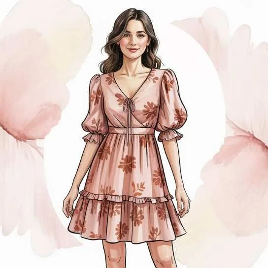 Spring floral dressed collection - Dress in soft pink with boho-inspired ruffles and puff sleeves, ideal for a relaxed bohemian vibe.