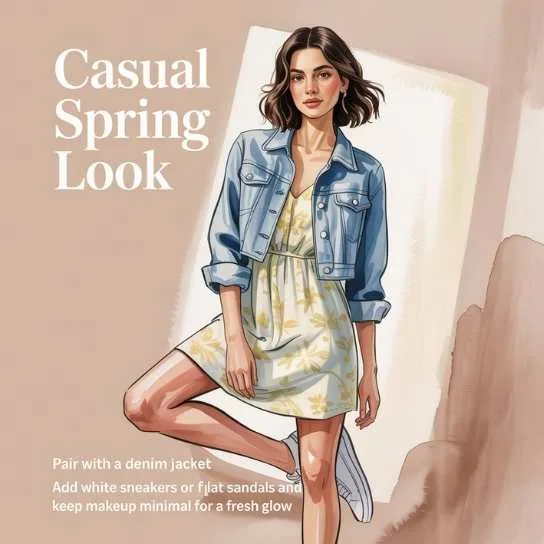 Casual spring floral dress paired with a denim jacket and sneakers for a relaxed and stylish everyday look.