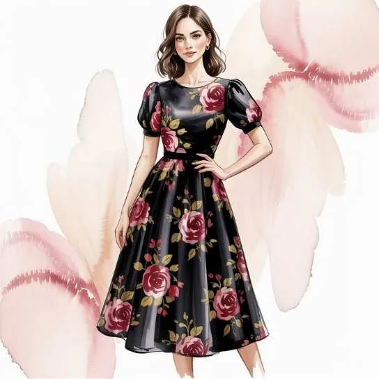 Spring floral dresses collection -Floral dress in black with bold rose embellishments, creating a sophisticated and dramatic seasonal style.