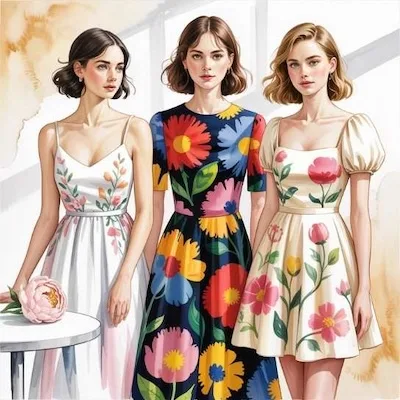 Spring floral dresses in white, black, and cream with bold and pastel flower prints, showing style ideas that reflect your personality and energy.