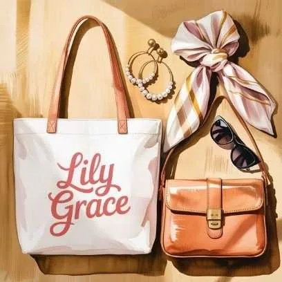 Effortless spring fashion accessories with Lily Grace tote bag, orange crossbody bag, pearl earrings, striped scarf, and black sunglasses.