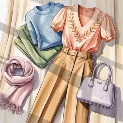Effortless spring fashion flat lay with a peach embroidered blouse, beige pants, pastel sweaters, scarf, and lilac handbag for a fresh seasonal style.