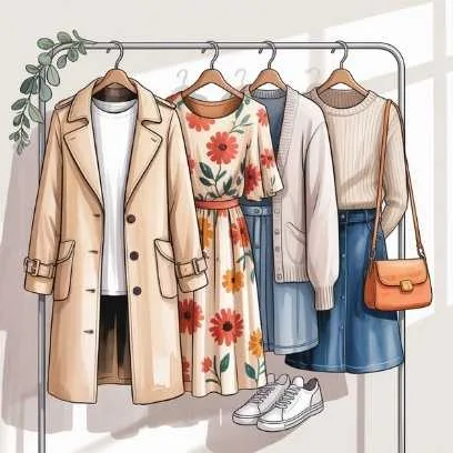 Effortless spring fashion wardrobe featuring a beige coat, floral dress, cardigan, denim skirt, crossbody bag, and sneakers for versatile seasonal style.