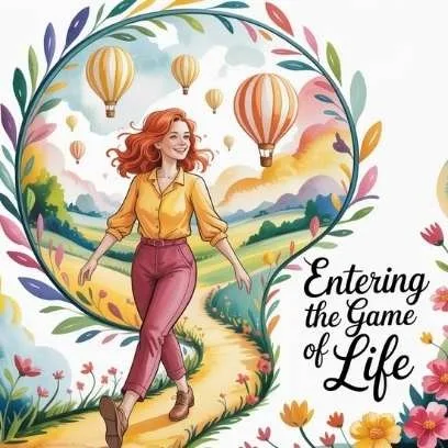 Joyful young woman entering a magical, colorful world with hot air balloons, representing the beginning of the adventure in the game of life.