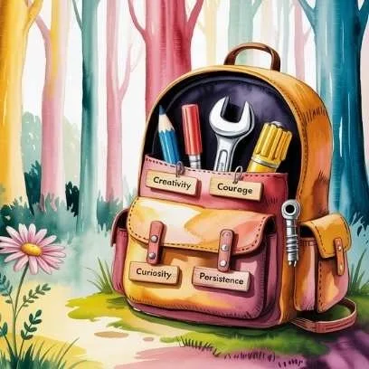 Illustrated backpack filled with symbolic tools labeled creativity, courage, curiosity, and persistence, representing the skills needed for life's journey.