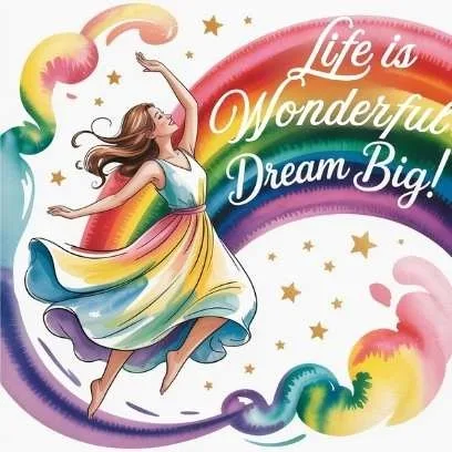 Woman flying across a rainbow and golden stars, symbolizing joy, freedom, and embracing life’s adventure with happiness and courage.