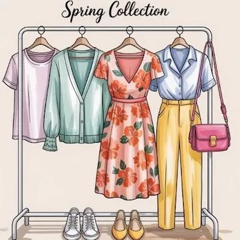 A curated display of spring outfits with pastel and bright colors, featuring a pink floral dress, pastel tops, mint green cardigans, yellow pants, and colorful accessories like shoes and a pink handbag, all neatly arranged on a clothing rack with a soft neutral background.