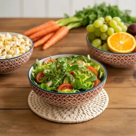 Ceramic Salad Bowls with foods displaying on a wooden table. Ideals for Summer Dinner.