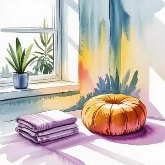 Minimalist bedroom corner used as a meditation space with cushion and plant