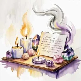 Small altar with crystals, candles, and incense for meditation room inspiration.