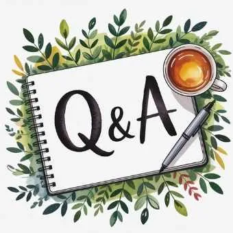 A cozy Q&A layout concept — notebook, cup of tea, pen, and a question mark doodle surrounded by greenery, representing calm reflection and answers.