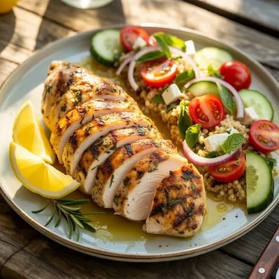 Grilled lemon-herb chicken with quinoa salad and lemon wedges — one of healthy summer dinner recipe ideas.