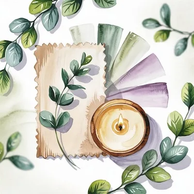 Flat lay of candle, green leaves, and calming color swatches in pastel tones—representing color scheme planning for home meditation room ideas.
