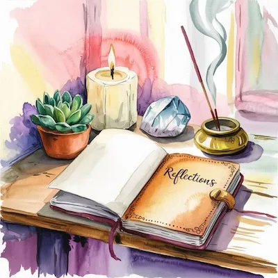 Still life of a spiritual corner with a journal, candle, incense, crystal, and small succulent, representing mindful touches for home meditation room ideas.