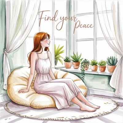 A woman sitting peacefully in a meditation space near a window with soft lighting, plants, and curtains—illustrating cozy home meditation room ideas.