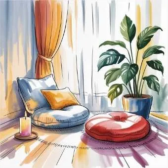 Cozy home meditation room with floor cushions, plants, and soft natural lighting