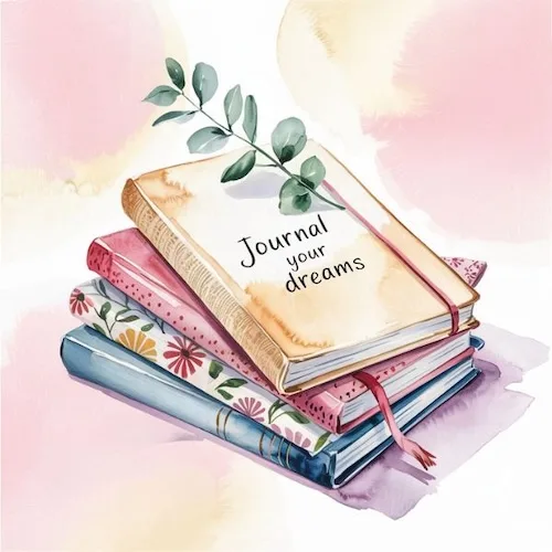 Stack of colorful journals with floral covers and a leafy branch, featuring a journal labeled “Journal your dreams.” A soft, inspiring scene for starting a journaling habit.