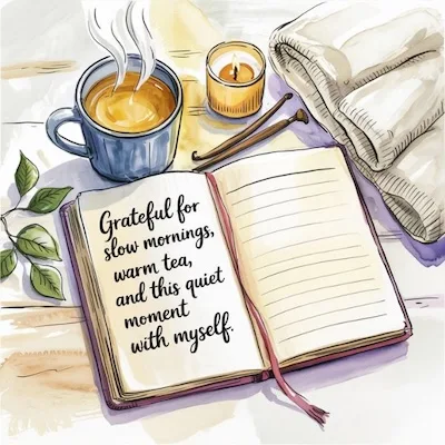 Open journal with handwritten gratitude note, a cup of tea, candle, and blanket. A cozy and mindful setup that supports building a journaling habit.
