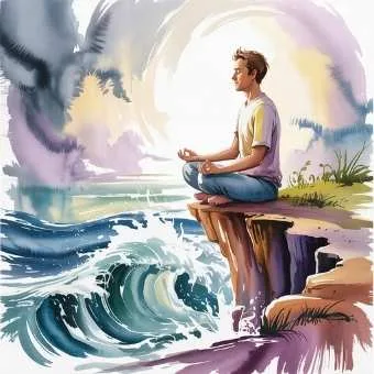 Watercolor man meditating calmly on cliff with waves below, representing emotional resilience and strength