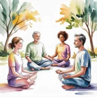 Watercolor illustration of diverse people meditating together in nature, symbolizing universal meditation practice