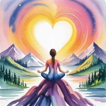 Watercolor illustration of person meditating on a mountain at sunset to reconnect with purpose