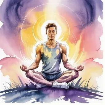 Watercolor athlete meditating at sunrise to renew energy and presence