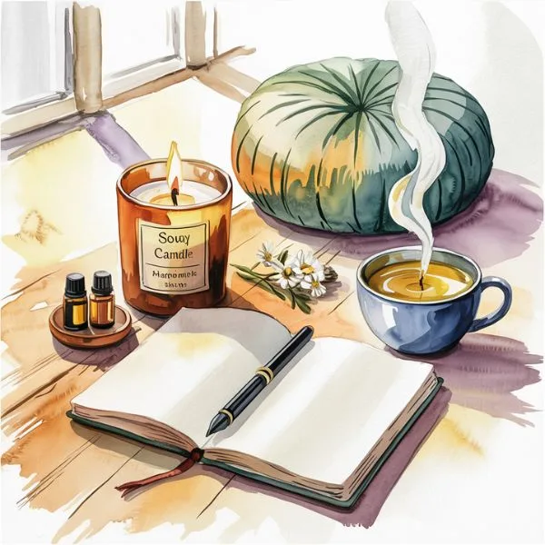 Cozy meditation ritual setup with a soy candle, tea, essential oils, journal, and cushion—showing why meditate rituals help create daily calm and connection.