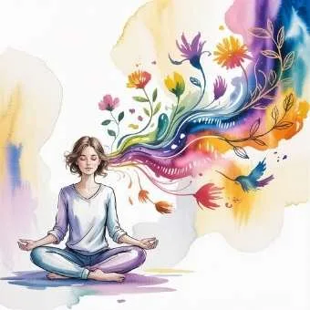 Watercolor illustration of an artist meditating as colorful ideas flow from her mind, symbolizing creative inspiration