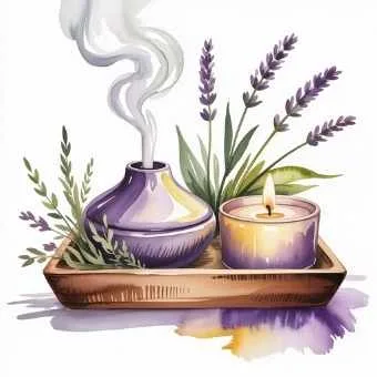 Essential oil diffuser, candles, and lavender for soothing meditation room scents