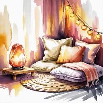 Meditation corner glowing with salt lamp and warm ambient lighting