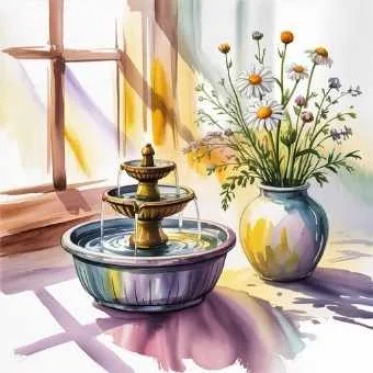 Small tabletop fountain and bamboo decor creating peaceful sound in meditation space.