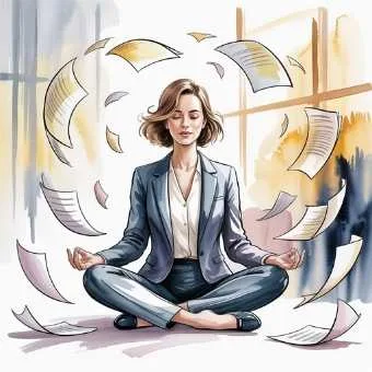 Watercolor illustration of a woman meditating calmly at work surrounded by swirling papers, symbolizing clarity amid chaos.