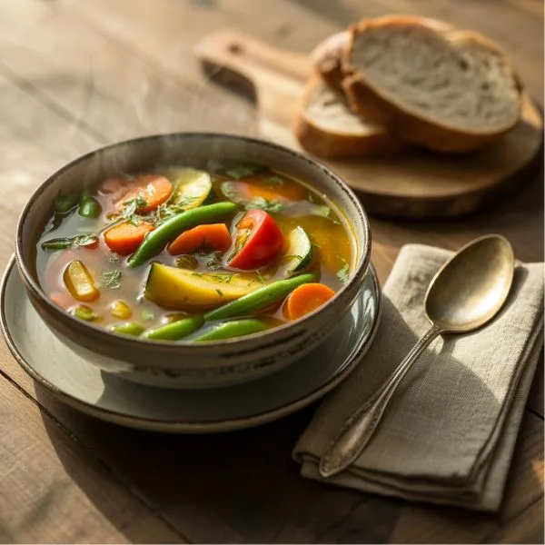 Bowl of summer vegetable soup with crusty bread — comforting mindful dinner recipe for summer.