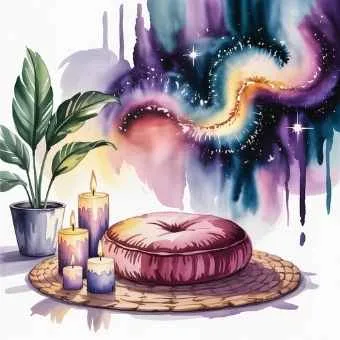 “Watercolor illustration of a meditation space with candles, plant, and cushion, representing a peaceful home setup for practicing the art of meditation.
