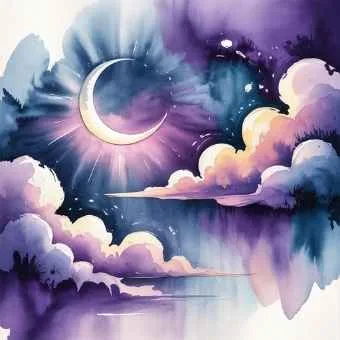 Watercolor painting of a crescent moon surrounded by soft clouds and purple tones, symbolizing the meditative state between wakefulness and sleep in the art of meditation.