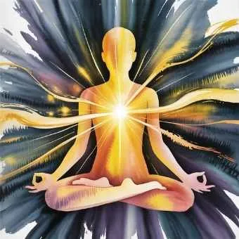 Watercolor artwork of a glowing human silhouette in meditation pose with radiant golden light, symbolizing inner awakening and enlightenment through the art of meditation.